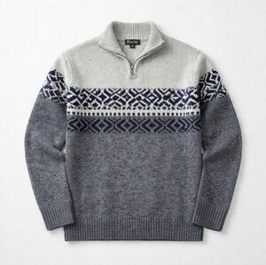 Garret Scott Nordic Fair Isle Sweater Wool Blend Knit 1/4 Zip Gray Blue Medium